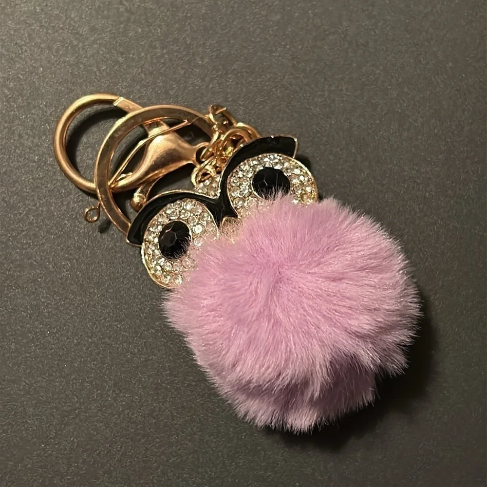 Enameled Fluffy Purple Owl Rhinestone Keychain With Gold Tone Accents